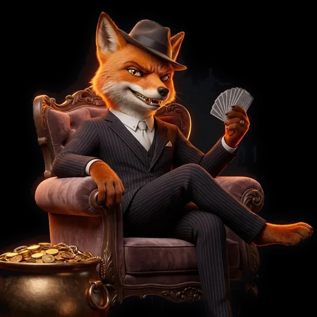 Jack, the JackThePot fox, in a pinstripe suit and fedora, seated in an armchair with cards beside a pot of coins